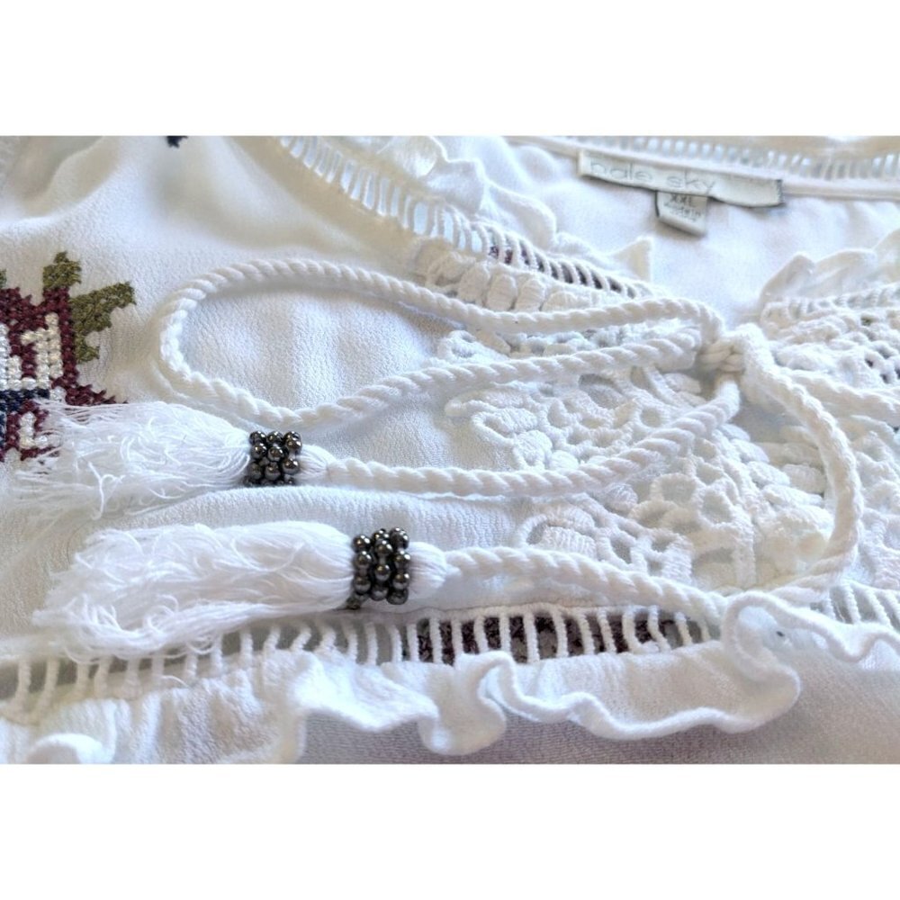 PALE SKY Boho Cross-Stitched White Embroidered Sleeveless Hi-Low Blouse size XXL - Picture 7 of 8